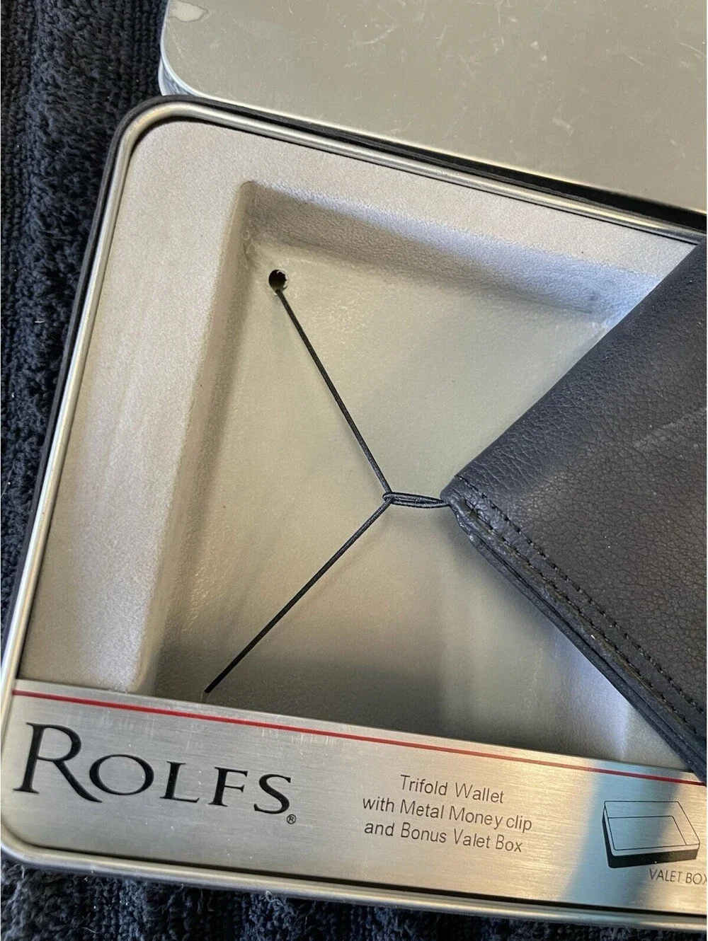 ROLFS Tri-Fold Black Leather Wallet with Money Clip Tin Box. NEW
